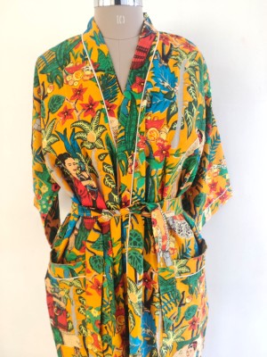 Yellow Frida Kahlo Pure Cotton Kimono Indian Handprinted Boho Robe Summer Dress Beach Coverup