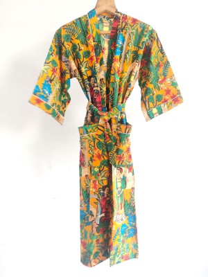 Yellow Frida Kahlo Pure Cotton Kimono Indian Handprinted Boho Robe Summer Dress Beach Coverup