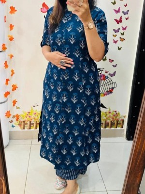 Blue Floral Print Cotton Trending Aline Salwar Kameez Suit Dress Kurti Pant Set