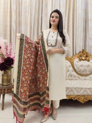 Sadiya Beige Solid Color Traditional Indian Straight Salwar Kameez Kurti Pant with Chanderi Printed Dupatta Set