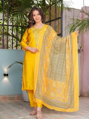 Yellow Traditional Party Wear Indian Straight Silk Salwar Kameez Kurti Pant Dupatta Set