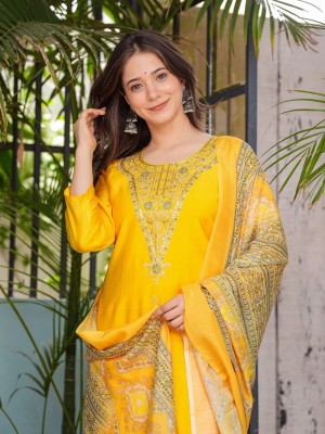 Yellow Traditional Party Wear Indian Straight Silk Salwar Kameez Kurti Pant Dupatta Set