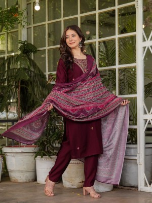 Wine Traditional Party Wear Indian Straight Silk Salwar Kameez Kurti Pant Dupatta Set