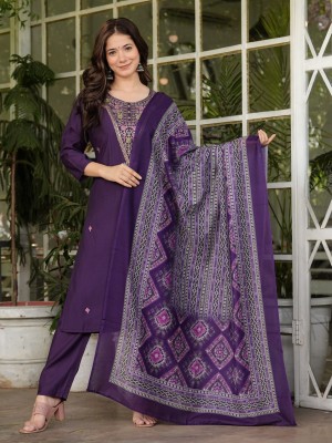 Purple Traditional Party Wear Indian Straight Silk Salwar Kameez Kurti Pant Dupatta Set