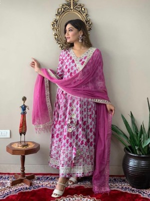 Gauri Pink Traditional Angrakha Style Embroidered Salwar Kameez Anarkali Kurti Pant Dupatta Set