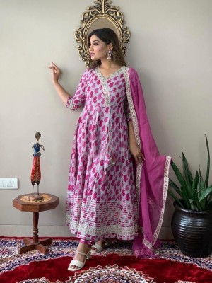 Gauri Pink Traditional Angrakha Style Embroidered Salwar Kameez Anarkali Kurti Pant Dupatta Set