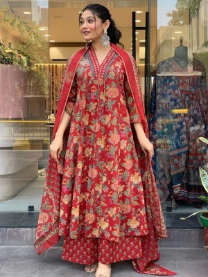 Red Floral Anarkali Frock Style V-Neck Indian Pakistani Salwar Kameez Kurti Pant Dupatta Set