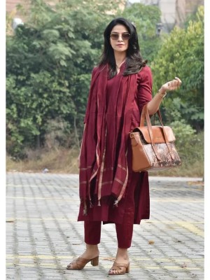 Trisha Maroon Color Indian Solid Straight Salwar Kameez Kurti Pant Set for Women