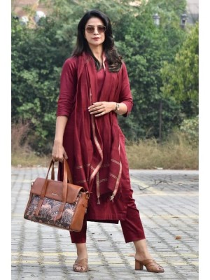 Trisha Maroon Color Indian Solid Straight Salwar Kameez Kurti Pant Set for Women