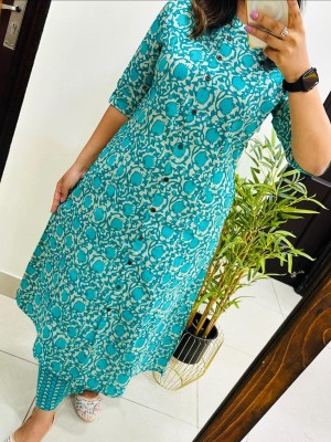 Sufiyana Blue Floral Printed Indian A line Cotton Salwar Kameez Kurti Pant Co Ord Set