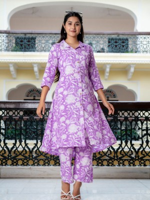 Bhavya Blue Floral Printed Indian A line Cotton Collared Salwar Kameez Kurti Pant Co Ord Set