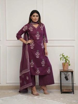 Emily Wine Color Indian Floral Printed Straight Salwar Kameez Kurti Pant Set for Women