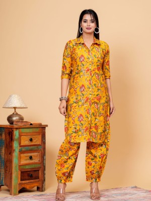 Yellow Floral Printed Kurti Pant Co Ord Set Straight Muslin Party Wear Salwar Kameez Dress (Set of 2)