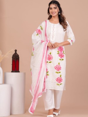 Pink White Color Schiffli Indian Pakistani Straight Salwar Kameez Kurti Pant Set for Women Partywear Dress