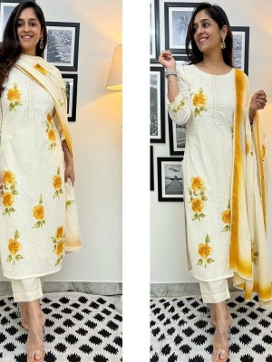 Yellow White Color Schiffli Indian Pakistani Straight Salwar Kameez Kurti Pant Set for Women Partywear Dress