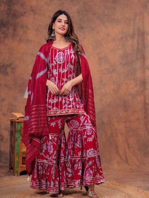 Red Indian Pakistani Readymade Floral Printed Sleeveless Salwar Kameez Set Indian Designer Muslin Sharara Suit Top