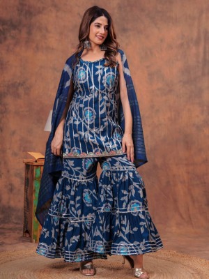 Blue Indian Pakistani Readymade Floral Printed Sleeveless Salwar Kameez Set Indian Designer Muslin Sharara Suit Top