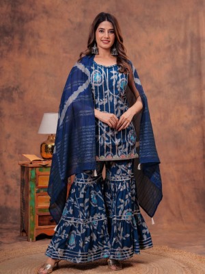 Blue Indian Pakistani Readymade Floral Printed Sleeveless Salwar Kameez Set Indian Designer Muslin Sharara Suit Top