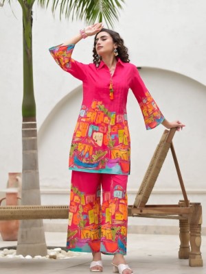 Pink Printed Kurti Pant Co Ord Set Straight Muslin Party Wear Salwar Kameez Dress (Set of 2)