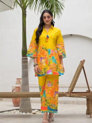 Yellow Printed Kurti Pant Co Ord Set Straight Muslin Party Wear Salwar Kameez Dress (Set of 2)