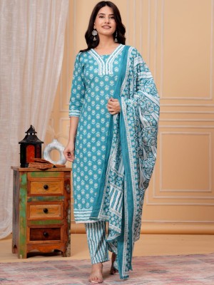 Turquoise Blue Color Printed Indian Pakistani Straight Salwar Kameez Kurti Pant Set for Women Dress