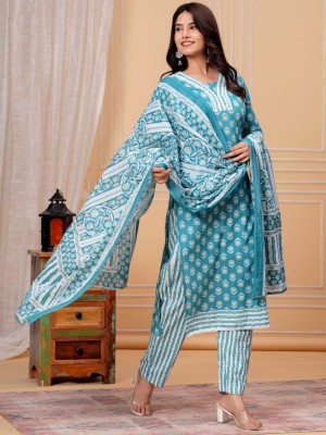 Turquoise Blue Color Printed Indian Pakistani Straight Salwar Kameez Kurti Pant Set for Women Dress