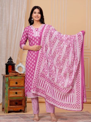 Pink Color Printed Indian Pakistani Straight Salwar Kameez Kurti Pant Set for Women Dress