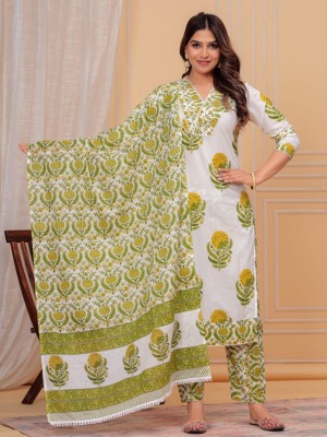 Yellow White Color Marigold Floral Printed V-Neck Indian Pakistani Straight Salwar Kameez Kurti Pant Set for Women