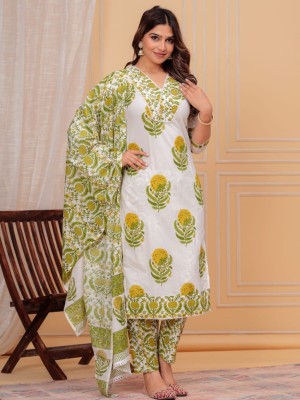 Yellow White Color Marigold Floral Printed V-Neck Indian Pakistani Straight Salwar Kameez Kurti Pant Set for Women