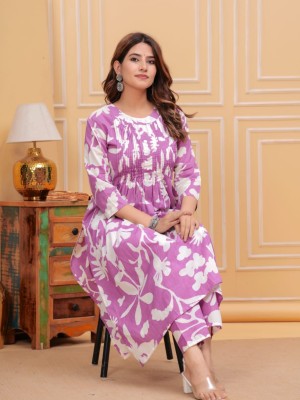 Lavender Floral Printed Kurti Pant Co Ord Set Straight Cotton Salwar Kameez Dress (Set of 2)