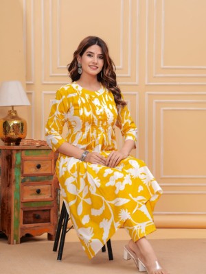 Yellow Floral Printed Kurti Pant Co Ord Set Straight Cotton Salwar Kameez Dress (Set of 2)