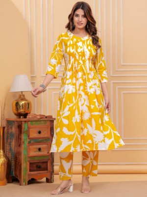 Yellow Floral Printed Kurti Pant Co Ord Set Straight Cotton Salwar Kameez Dress (Set of 2)