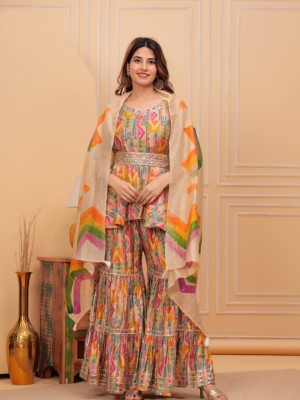 Multi Color Muslin Sharara Suit Indian Pakistani Readymade Printed Sleeveless Salwar Kameez Set Indian Designer