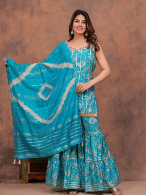 Blue Indian Pakistani Readymade Floral Printed Sleeveless Salwar Kameez Set Indian Designer Muslin Sharara Suit Top