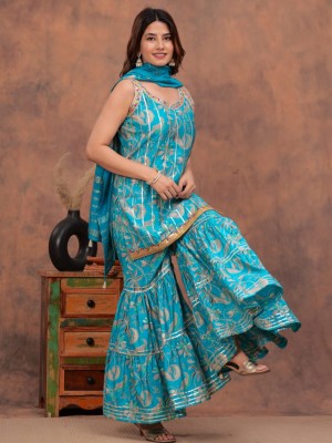 Blue Indian Pakistani Readymade Floral Printed Sleeveless Salwar Kameez Set Indian Designer Muslin Sharara Suit Top