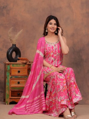 Pink Color Indian Pakistani Readymade Floral Printed Sleeveless Salwar Kameez Set Indian Designer Muslin Sharara Suit Top