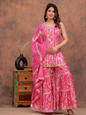 Pink Color Indian Pakistani Readymade Floral Printed Sleeveless Salwar Kameez Set Indian Designer Muslin Sharara Suit Top