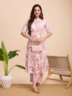 Pastel Cream Color Co Ord Set Floral Printed Indian A line Cotton Salwar Kameez Kurti Pant Co Ord Set