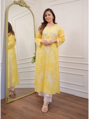 Yellow Floral Embroidered Straight Kurti Pant Set Cotton Salwar Kameez for Women