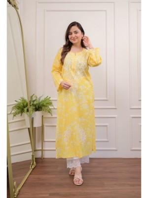 Yellow Floral Embroidered Straight Kurti Pant Set Cotton Salwar Kameez for Women