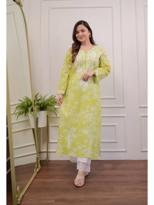 Green Floral Embroidered Straight Kurti Pant Set Cotton Salwar Kameez for Women