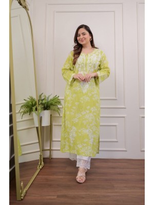 Green Floral Embroidered Straight Kurti Pant Set Cotton Salwar Kameez for Women