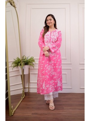 Pink Floral Embroidered Straight Kurti Pant Set Cotton Salwar Kameez for Women