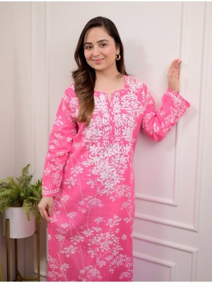 Pink Floral Embroidered Straight Kurti Pant Set Cotton Salwar Kameez for Women