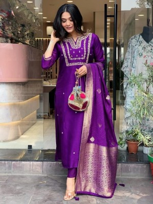 Purple Indian Rayon Straight Embroidered Salwar Kameez Kurti Pant Dupatta Set for Women (Set of 3)