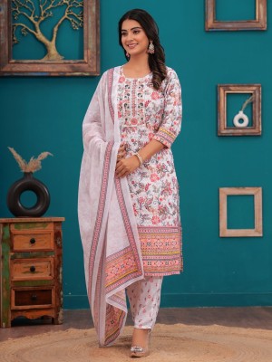 Floral Printed Indian Chikankari Cotton Straight Salwar Kameez Kurti Pant Set for Women Ethnic Dress