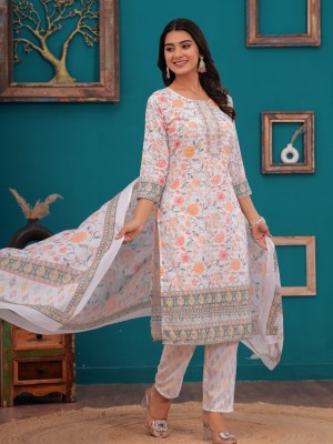 Floral Chikankari Cotton Printed Indian Straight Salwar Kameez Kurti Pant Set for Women Ethnic Dress