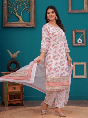 Floral Chikankari Cotton Paisley Printed Indian Straight Salwar Kameez Kurti Pant Set for Women Ethnic Dress