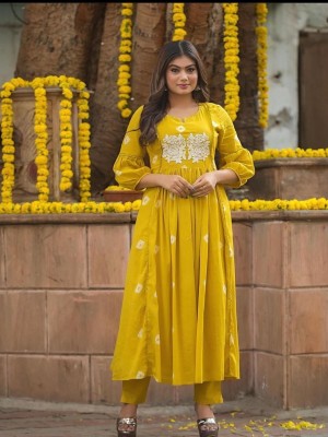 Yellow Color Printed Embroidered Cotton Anarkali Kurti Pant Co Ord Set Salwar Kameez Suit for Haldi Function