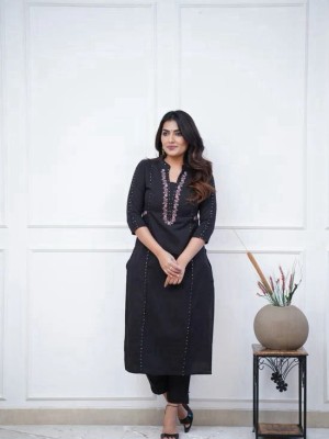 Black Embroidered Indian Cotton Salwar Kameez Straight Kurti Pant Co Ord Set Online for Women (Set of 2)